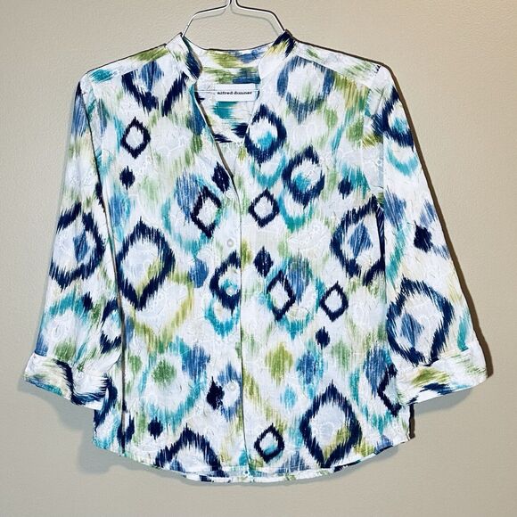 Cotton Button-Up Turquoise Blue Green Blouse ALFRED DUNNER  3/4 Sleeve Sz 8 - Picture 1 of 7